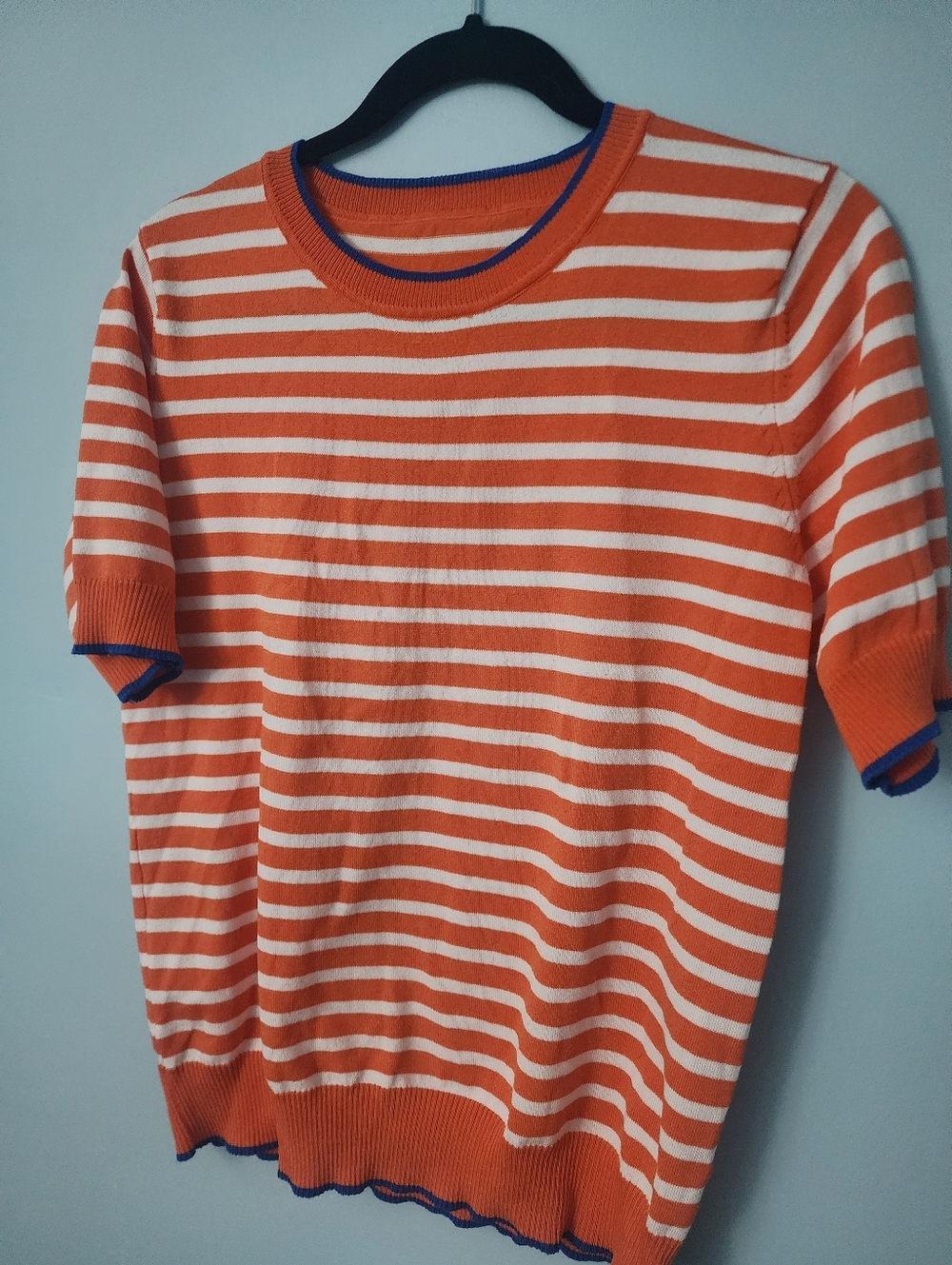 Orange & White Striped Short Sleeve Sweater with Blue Trim